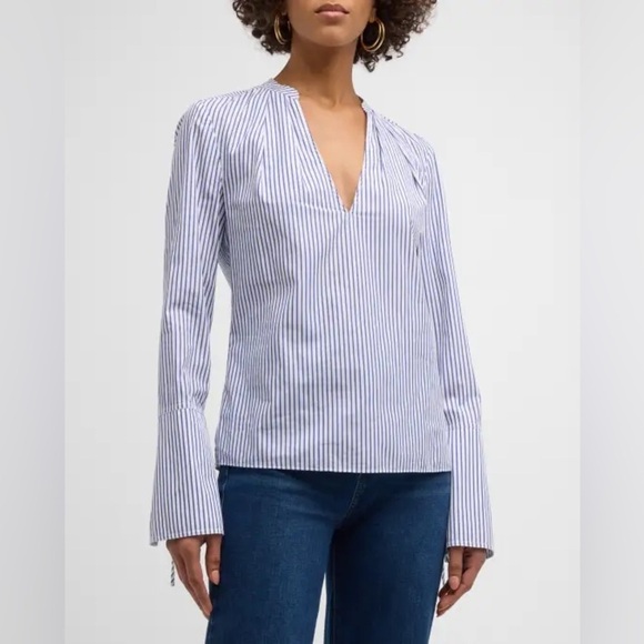 J. Crew Navy Deep V-Neck Bell Sleeve Striped Blouse 000 - Picture 1 of 6